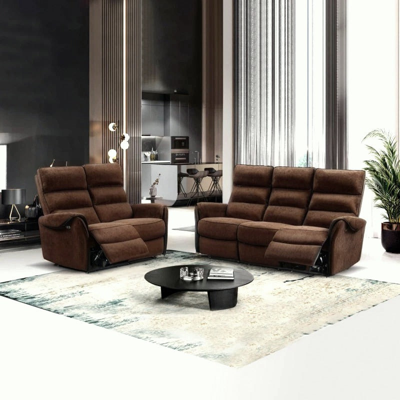 Jogo Sofá 3+2 lugares com 2 Relax Manual RTM Castanho